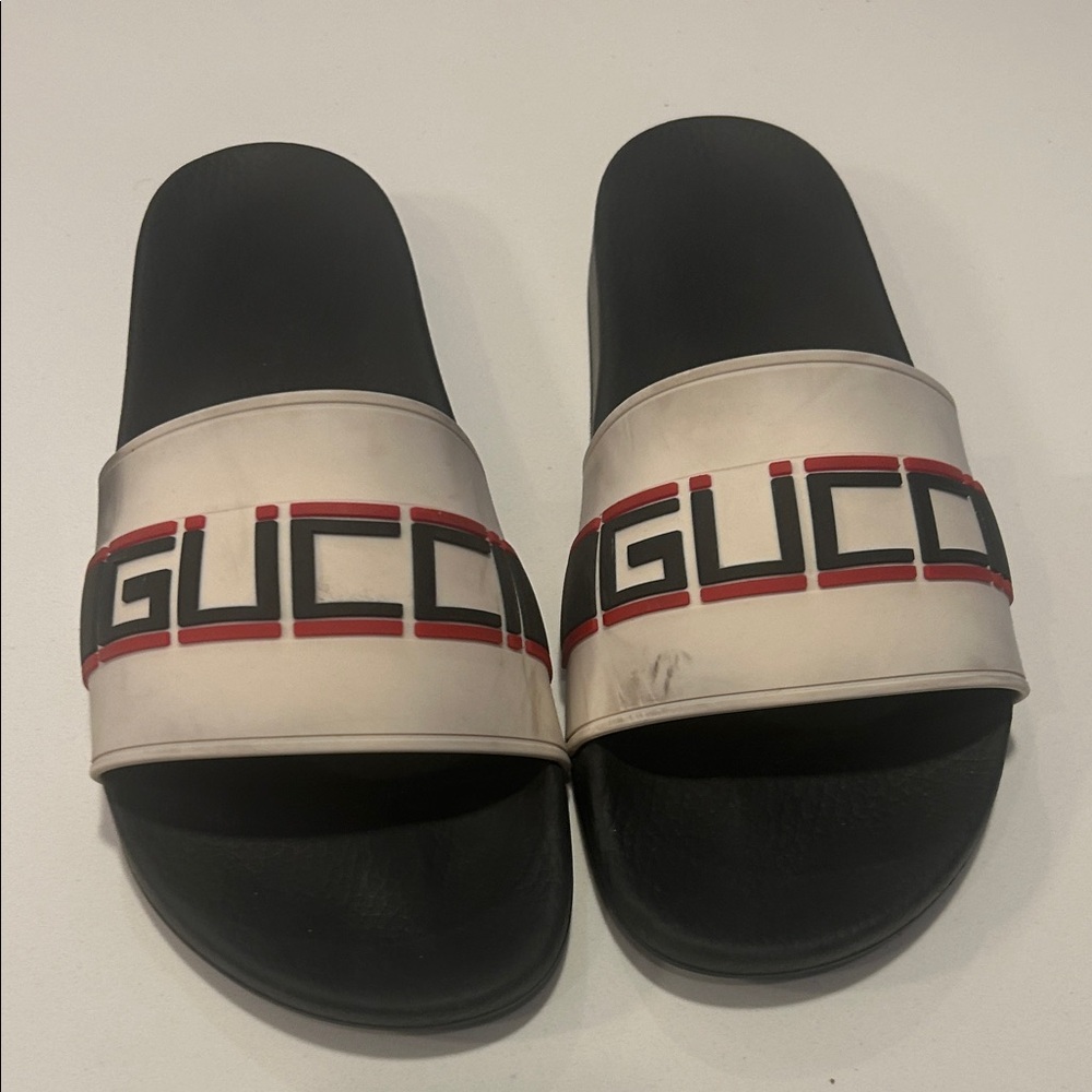 Gucci White, Black & Red Logo Slide Sandals